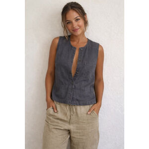 Country Road Australia Linen Blend Sleeveless Button Front Top navy Size L Casua